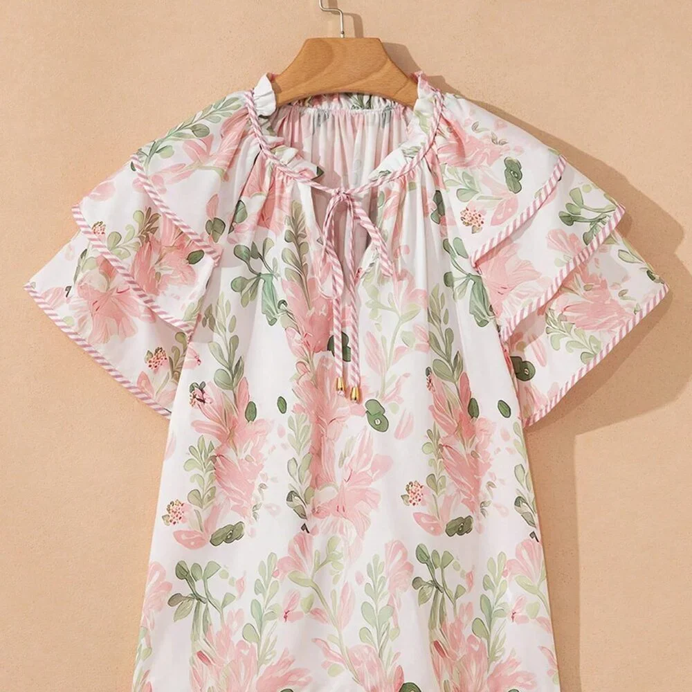 Multicolor Boho Printed Women's Striped V-Neck Ruffle Blouse - Picture 2 of 6